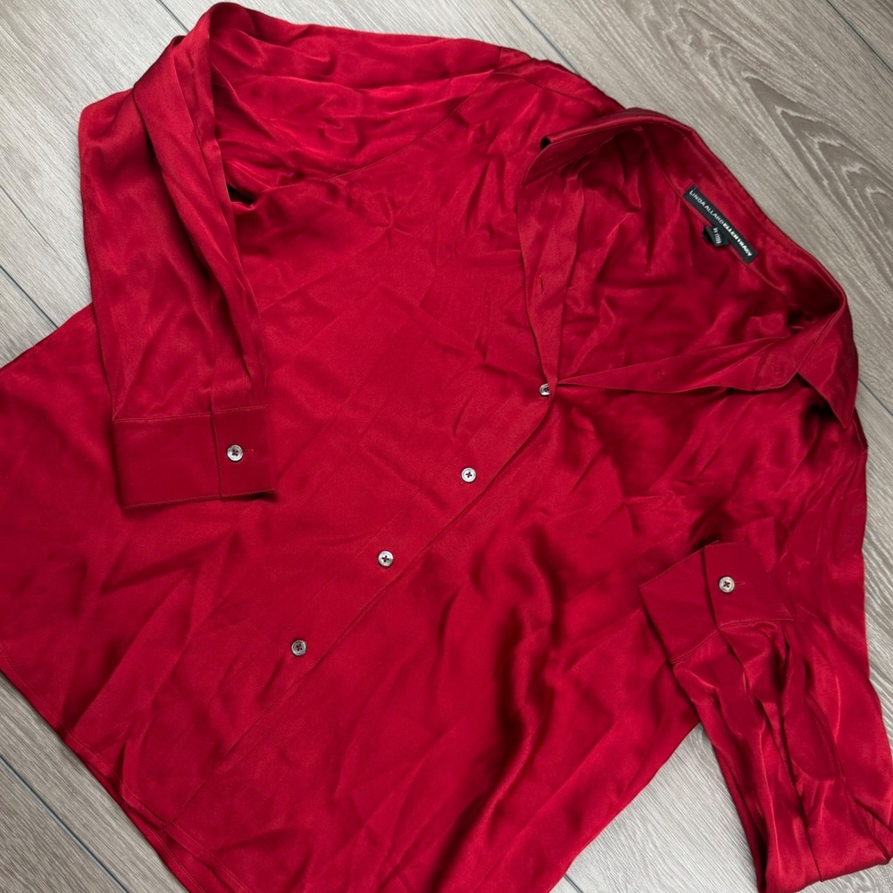 Linda Allard Ellen Tracy Womens Silk Button Up Shirt Long Sleeve Red Size 14